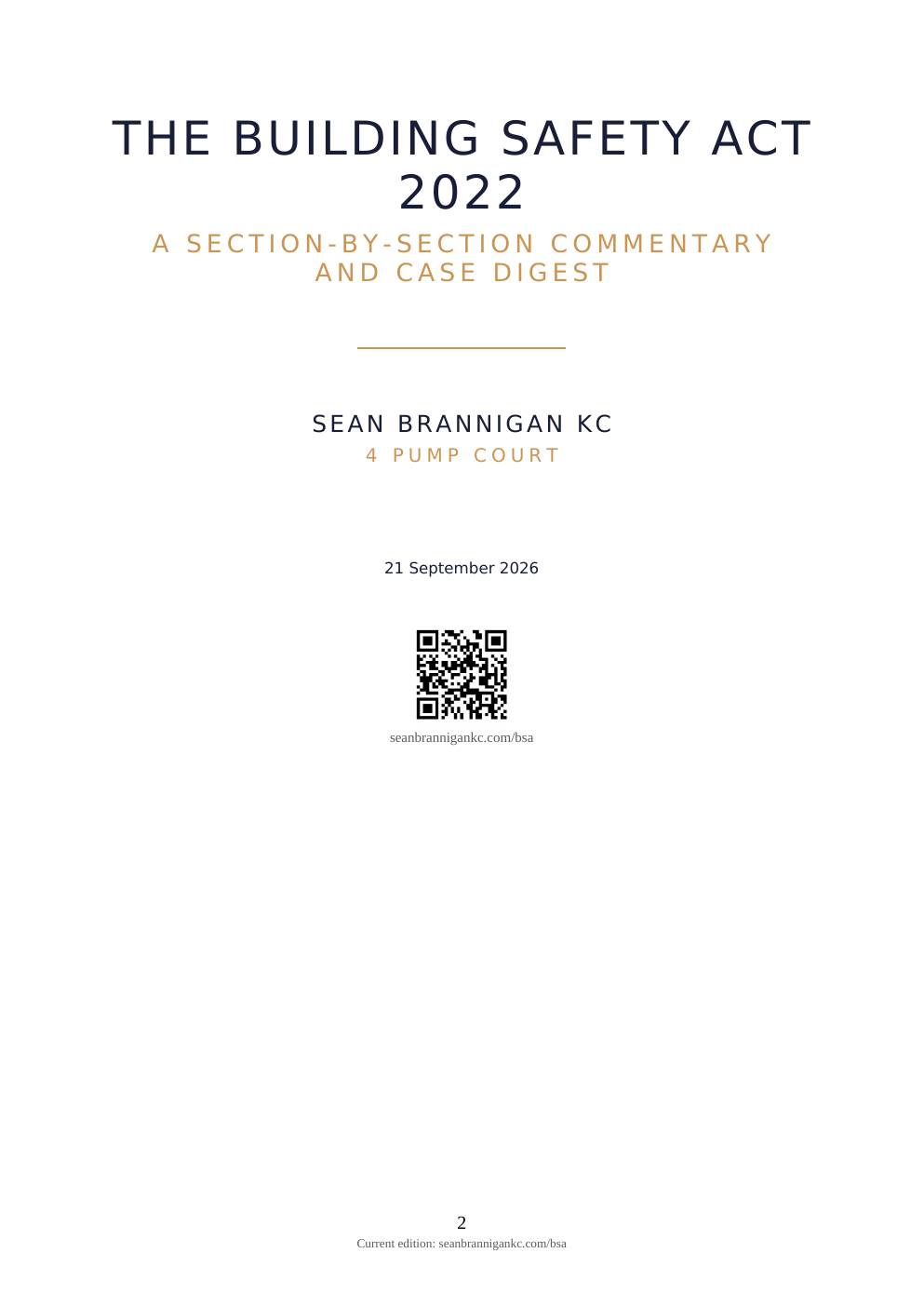 Title page of The Building Safety Act 2022: A Section-by-Section Commentary and Case Digest, by Sean Brannigan KC, 4 Pump Court